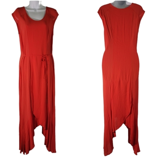 Mind Set By XCVI Red Pre Shrunk Asymmetrical Midi Dress Sz M Viscose Sleeveless - Picture 9 of 9